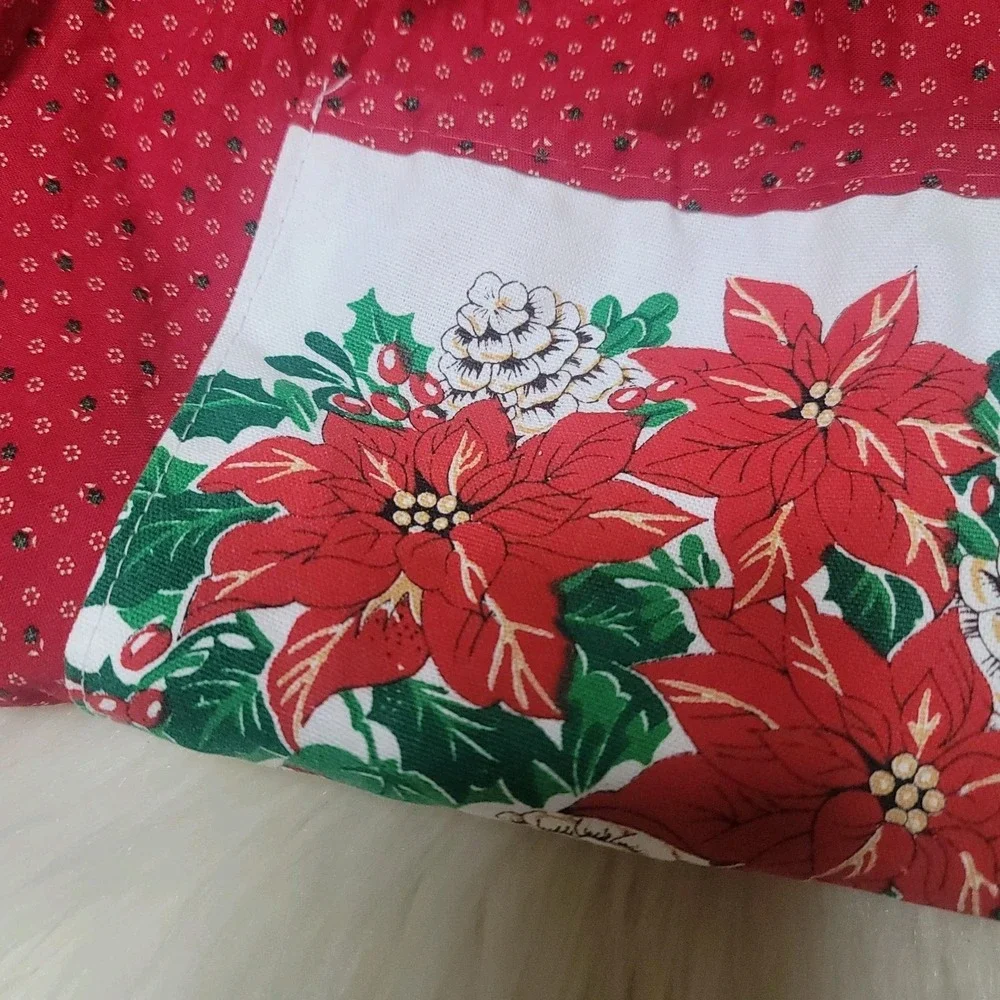 VTG Christmas Half Apron Red Ditsy Floral Poinsettia Graphic Pocket 